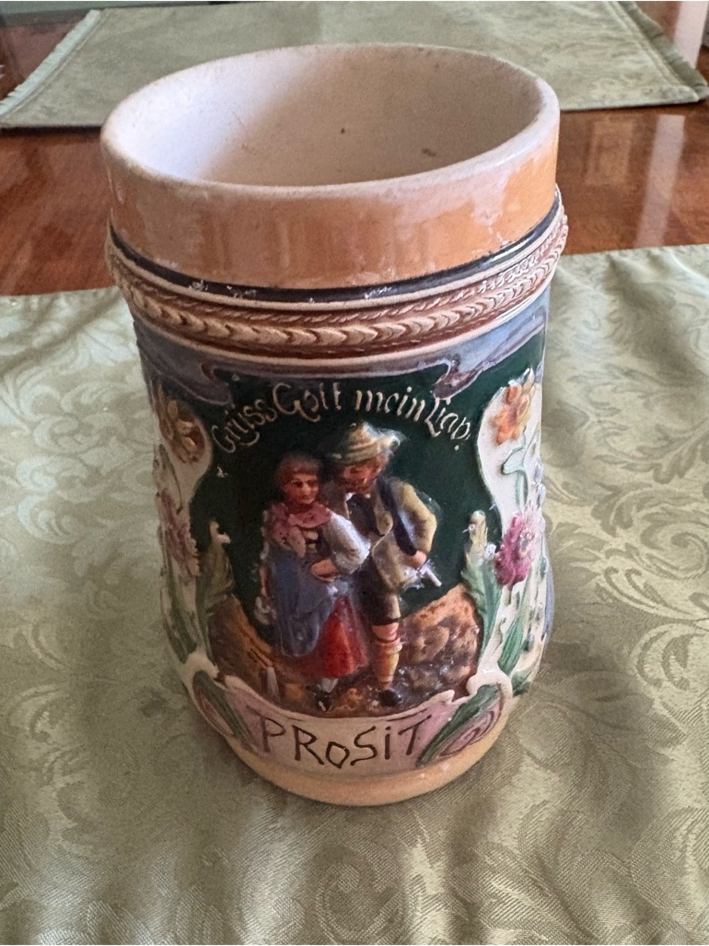 Vintage-Style Ceramic Beer Stein Vase in Tan and Green 6 1/4”.